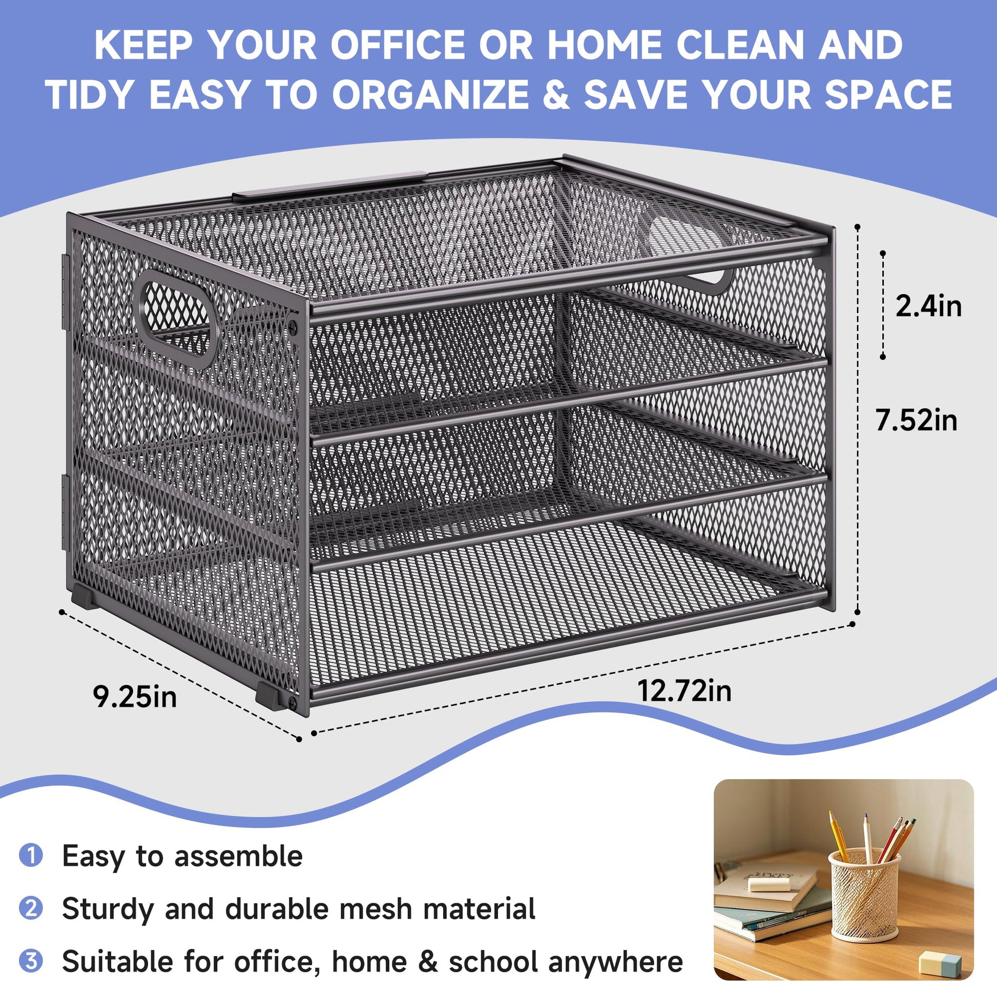 4 Tier Gray Paper Organizer for Desk,Trays for Classroom File Folder
