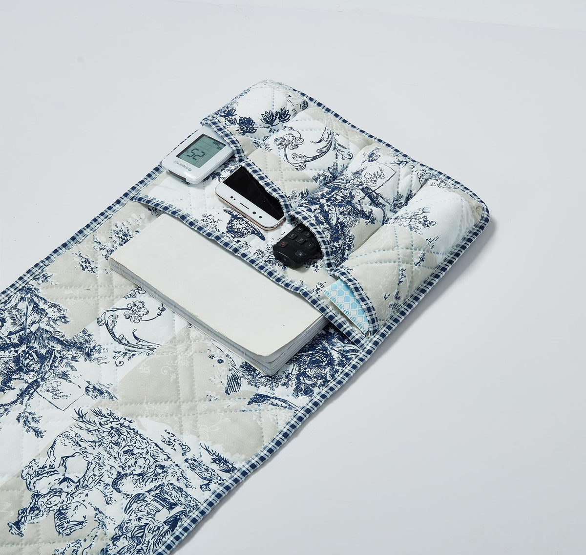 Brilliant Sunshine Blue & Beige Toile Couch Armrest Cover, 35"×13"
