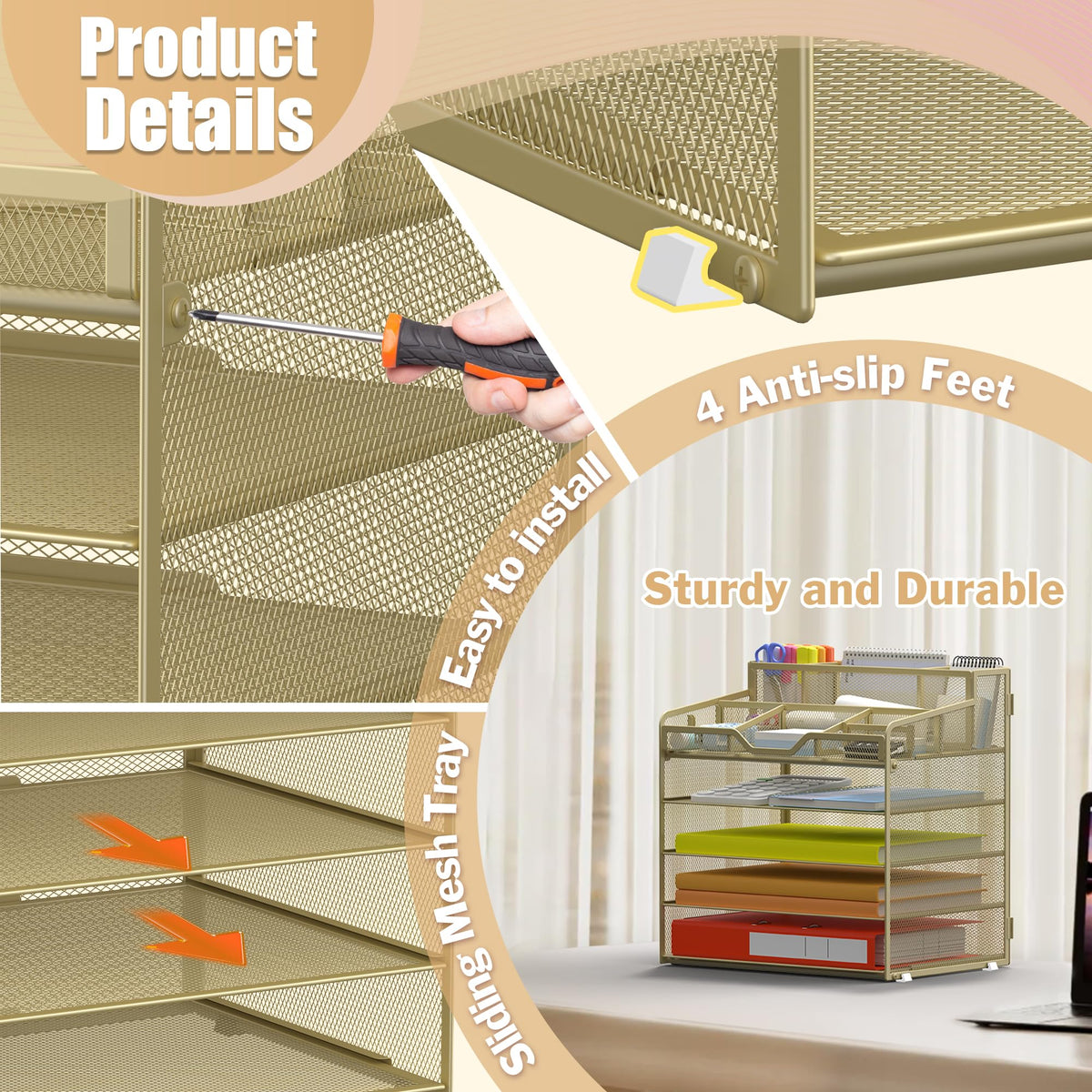 Docnest 5 Tier Mesh Desk Organizer with Letter Tray & Paper Sorter, Gold