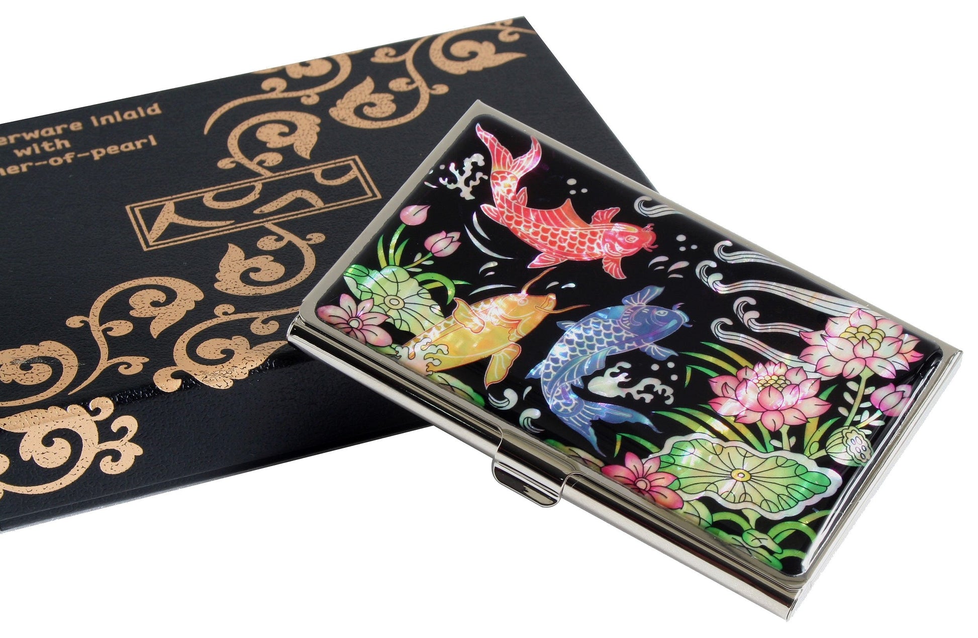 Antique Alive Mother of Pearl Metal Fish Lotus Design Business Credit Name Id Card Holder Case