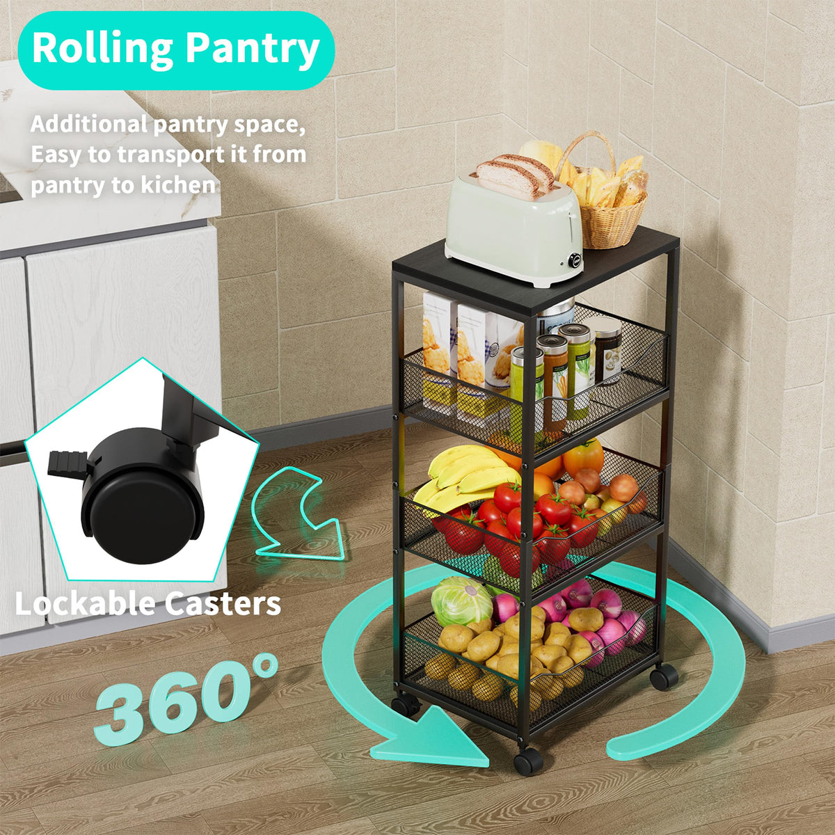 HapiRm Fruit Basket Kitchen Cart - 4-Tier Rolling Storage Cart with Wheels, Fruit Vegetable Basket