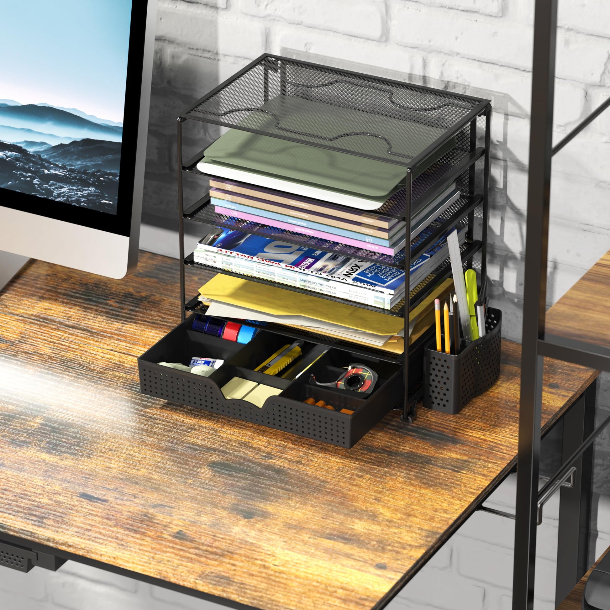 Simple Houseware 5-Tier Desk File Organizer w/Drawer & Pen Holder, Black