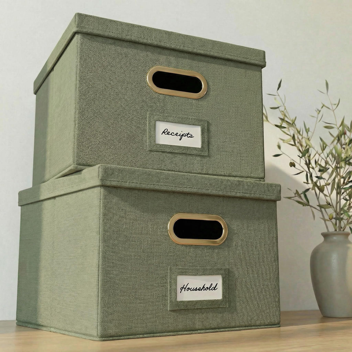 Decorative File Organizer Box Set of 2 - Collapsible Linen Filing Cabinets