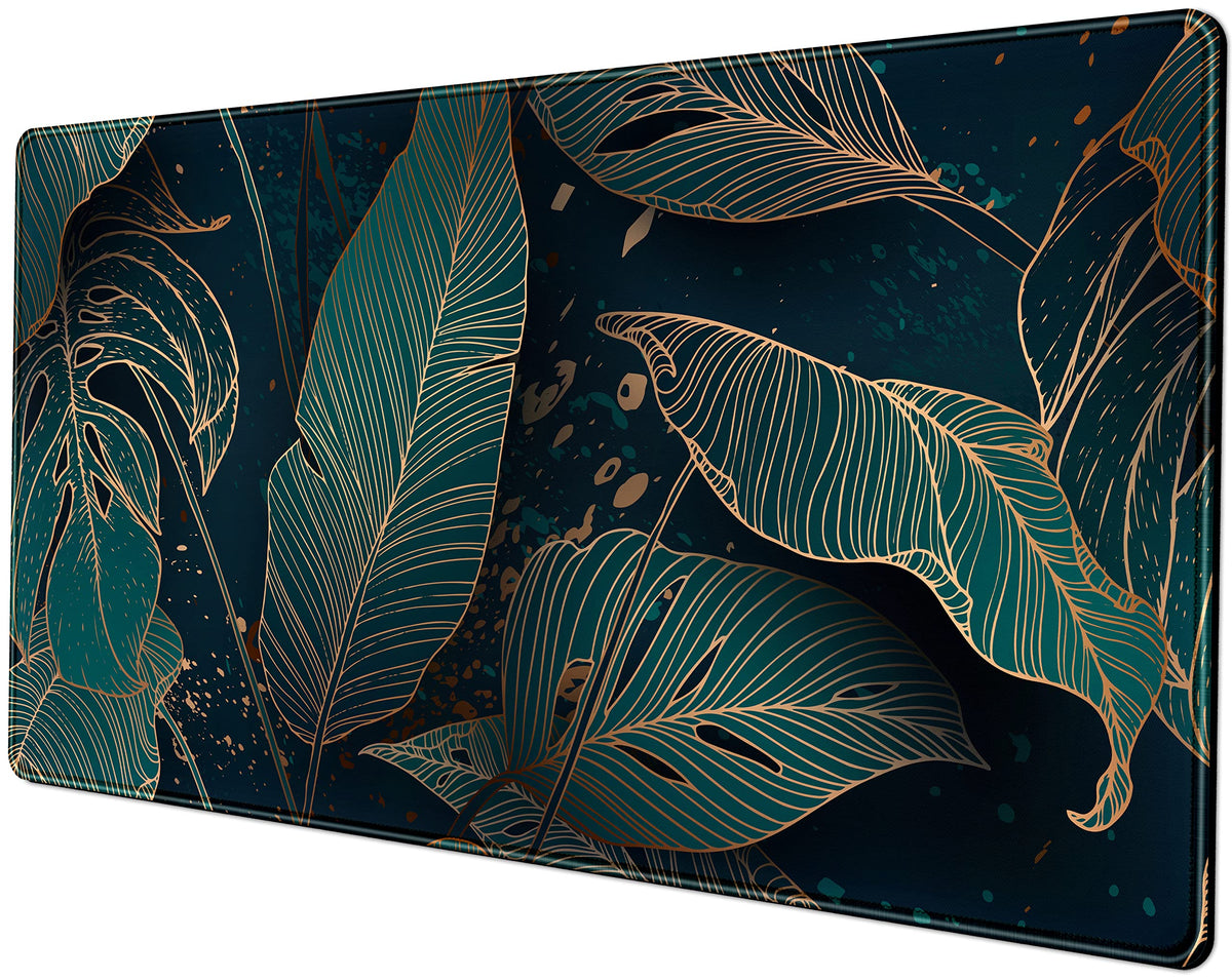 Desk Pad, Green Gold Palm Leaves Extended Gaming Mouse Pad Cute Large Desk Mat, Non-Slip Rubber
