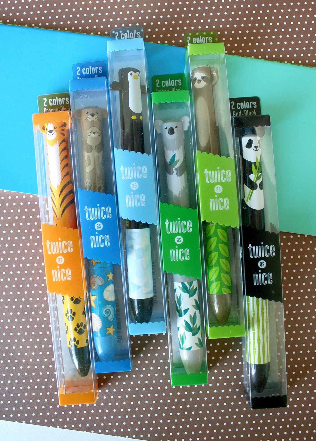 Twice as Nice 2 Color Click Pens - Cute Creatures - Set of 6