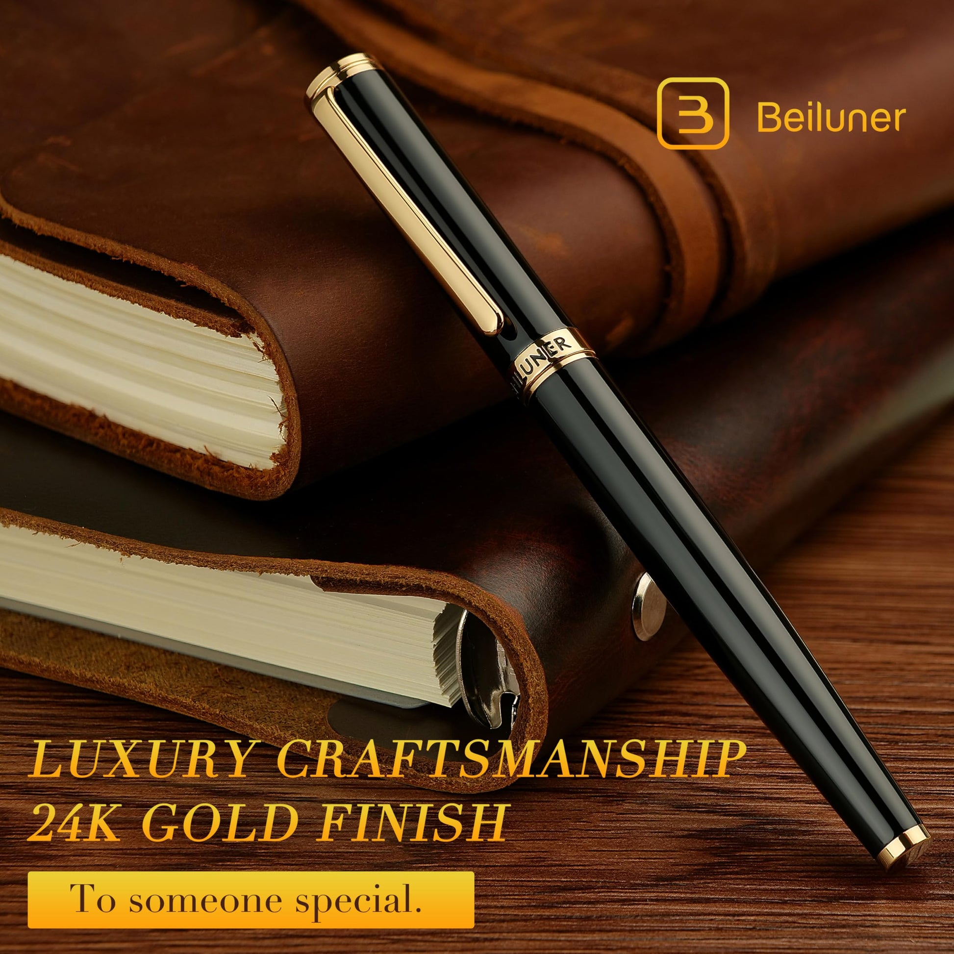 BEILUNER Black Fountain Pen,Stunning Luxury Pens with 24K Gold Accents, Gorgeous 24K Gilded