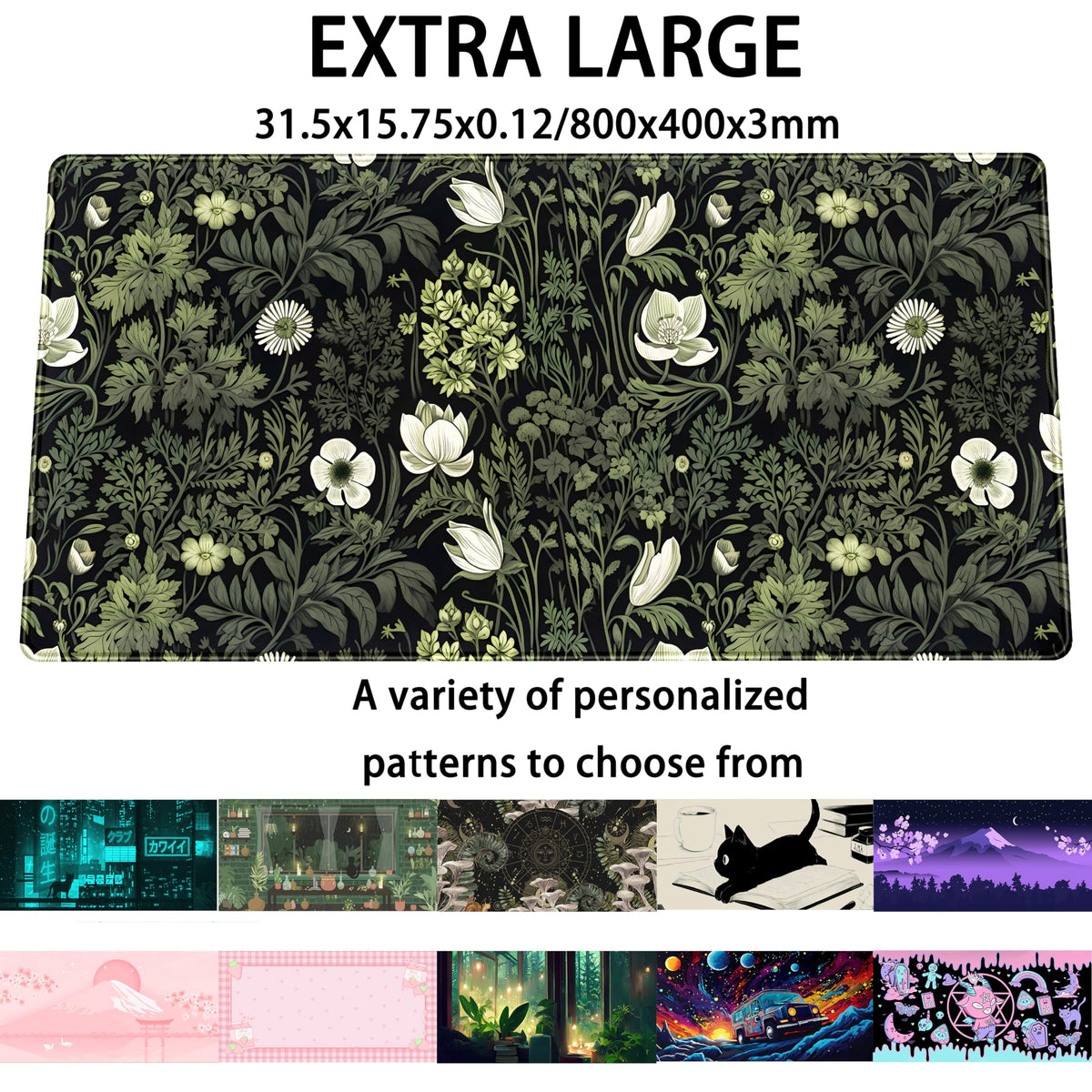 Dark Green Floral Plants XXL Gaming Mousepad & Desk Pad - Nature Leaf Flower Laptop Keyboard Mat