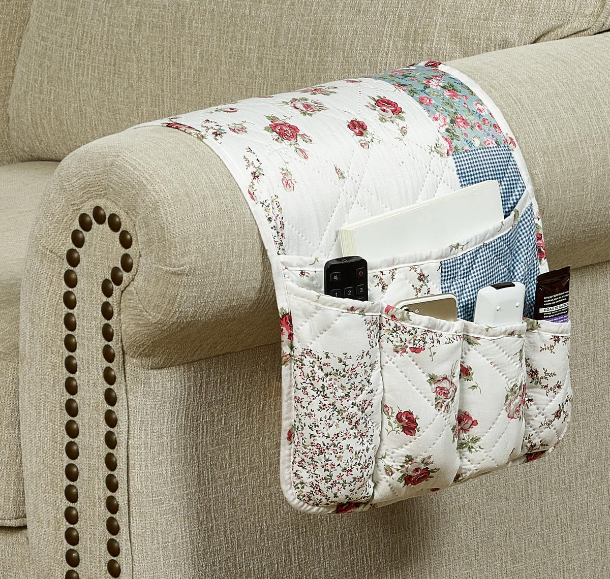 Brilliant Sunshine Pink Rose & Blue Check Couch Armrest Cover, 35"×13"
