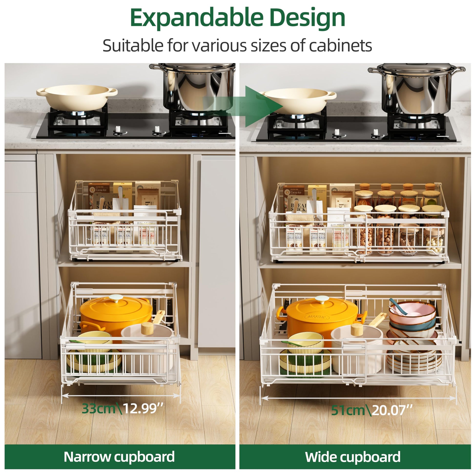 NETEL 2 Pack Expandable Pull Out Cabinet Organizer, 16.5" Deep White
