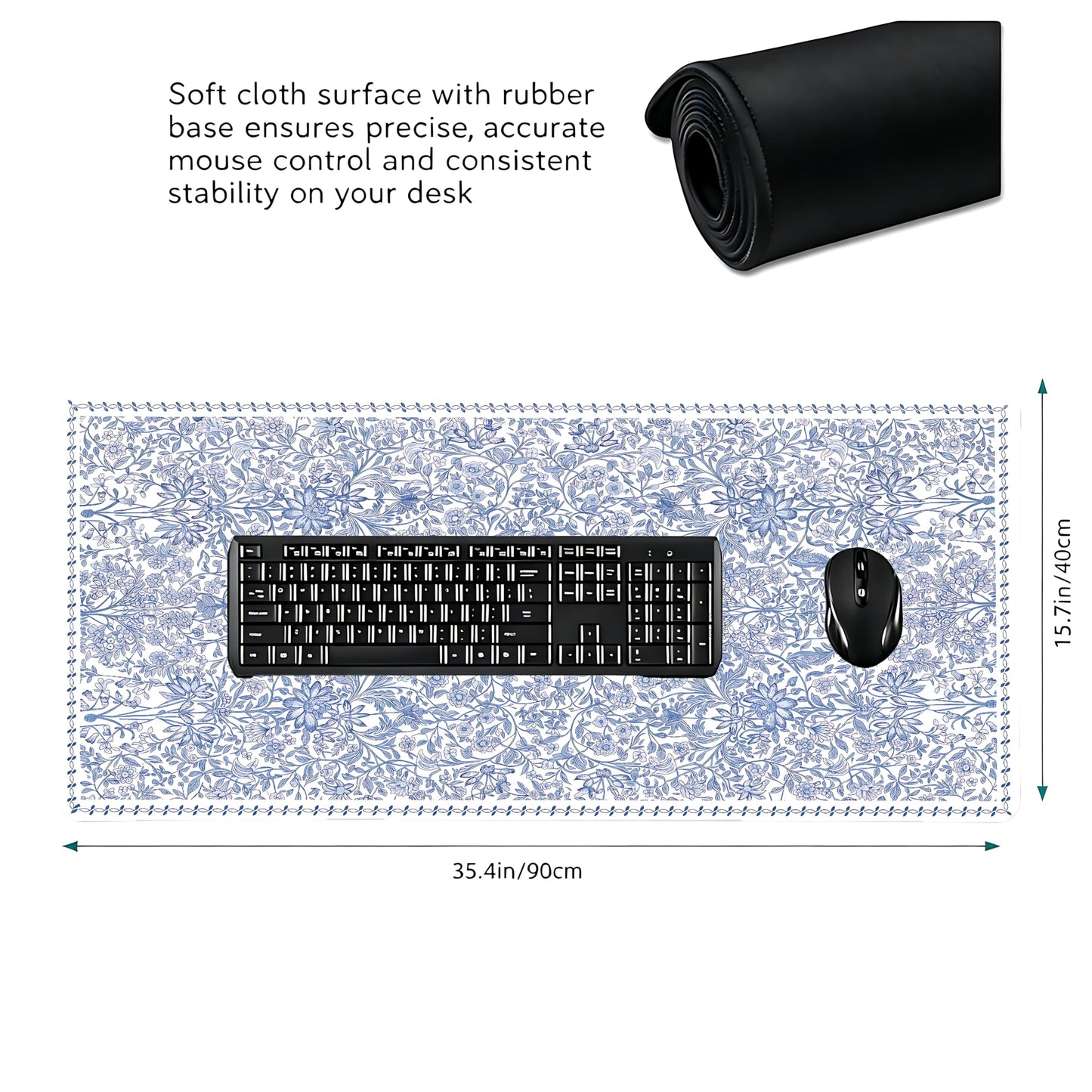 Cute Floral Aesthetic Daisy Gaming Mouse Pad, White Blue Chinoiserie Desk Mat with Anti-Slip Base &