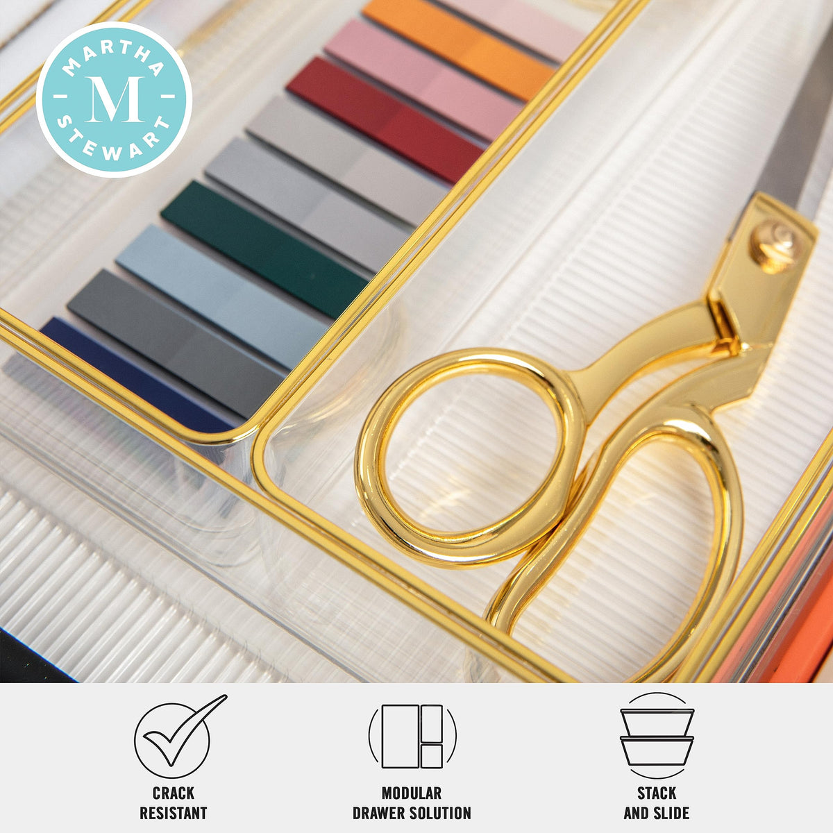 Martha Stewart Kerry Stackable Desk Drawer Organizers, Clear/Gold, 6-Pack