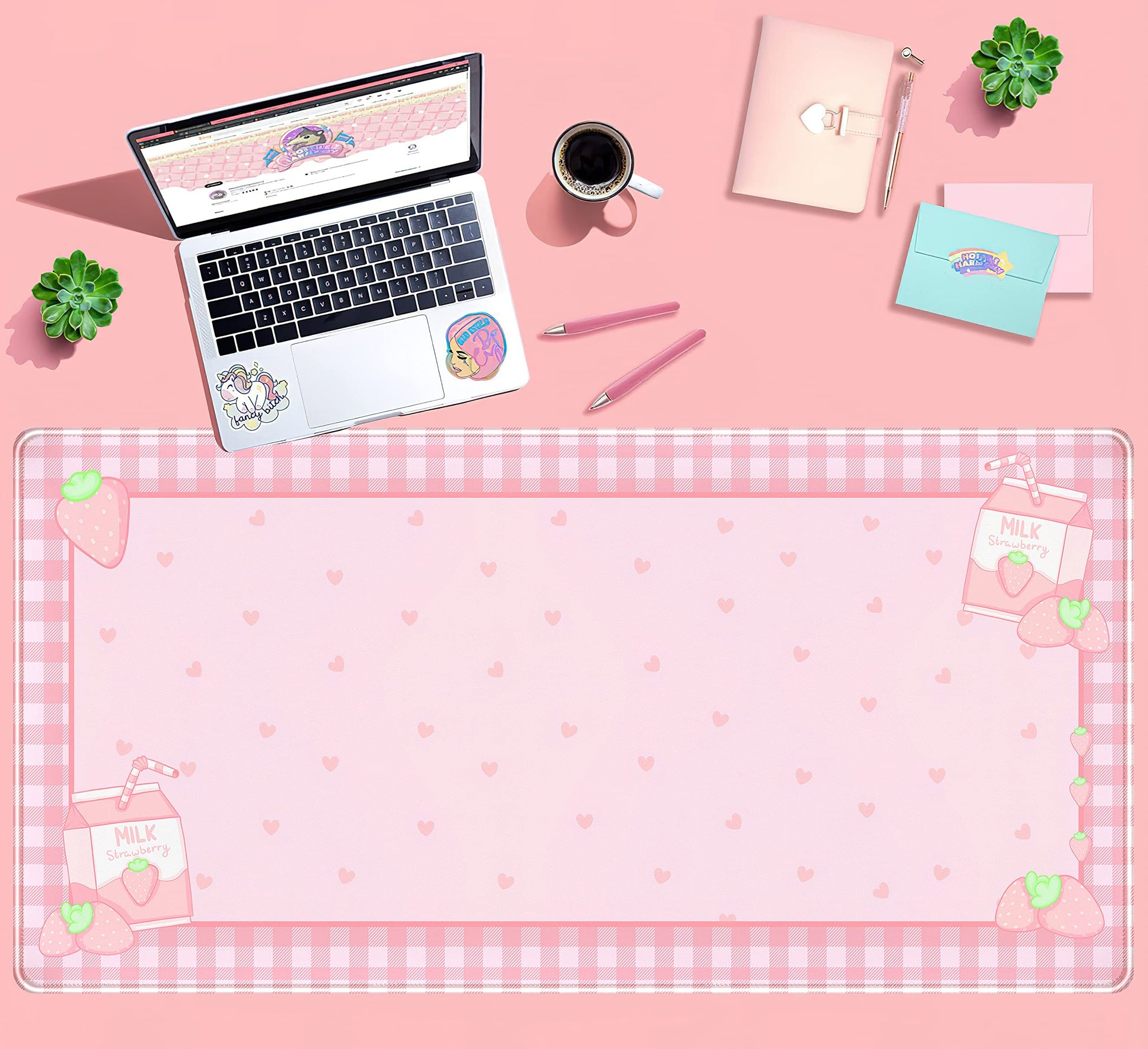 Cute Pink Plaid Desk Mats Strawberry Milk Gaming Desk Pad, Kawaii Extended Mouse Pad Kawaii Large