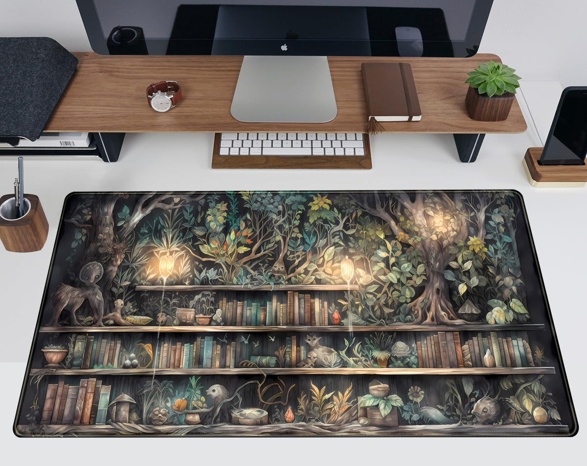 Forest Library Book Mouse Pad Desk Mat, Mystical Green Tree House XXL Extended Large Gaming Desk
