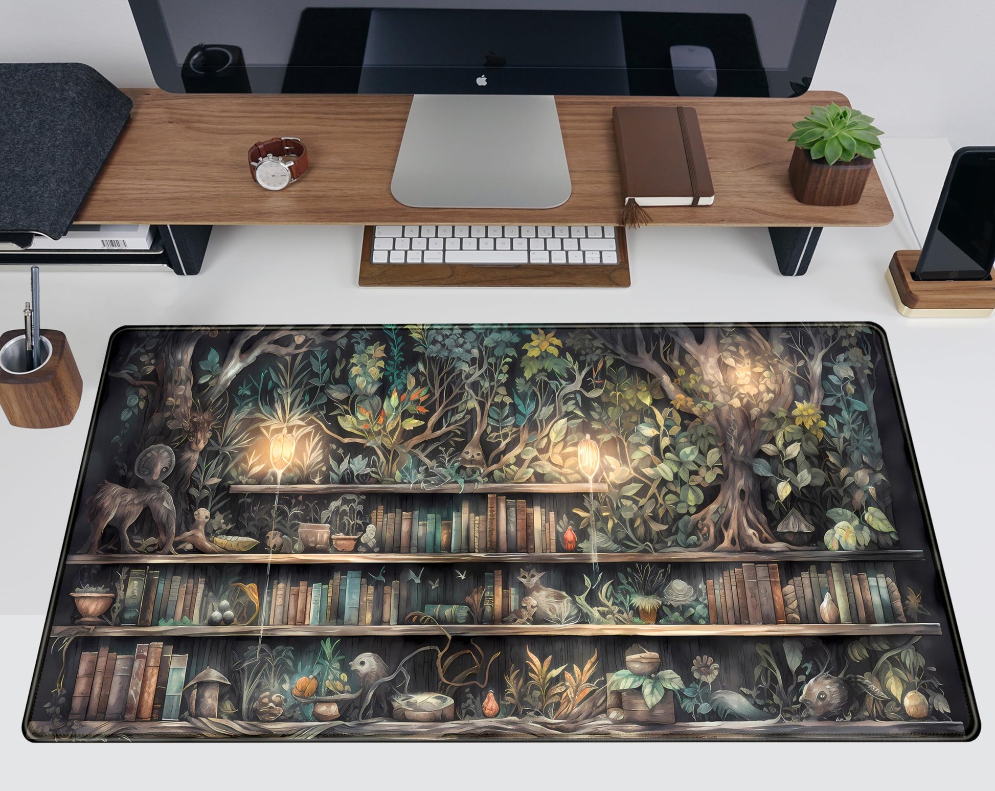 Forest Library Book Mouse Pad Desk Mat, Mystical Green Tree House XXL Extended Large Gaming Desk