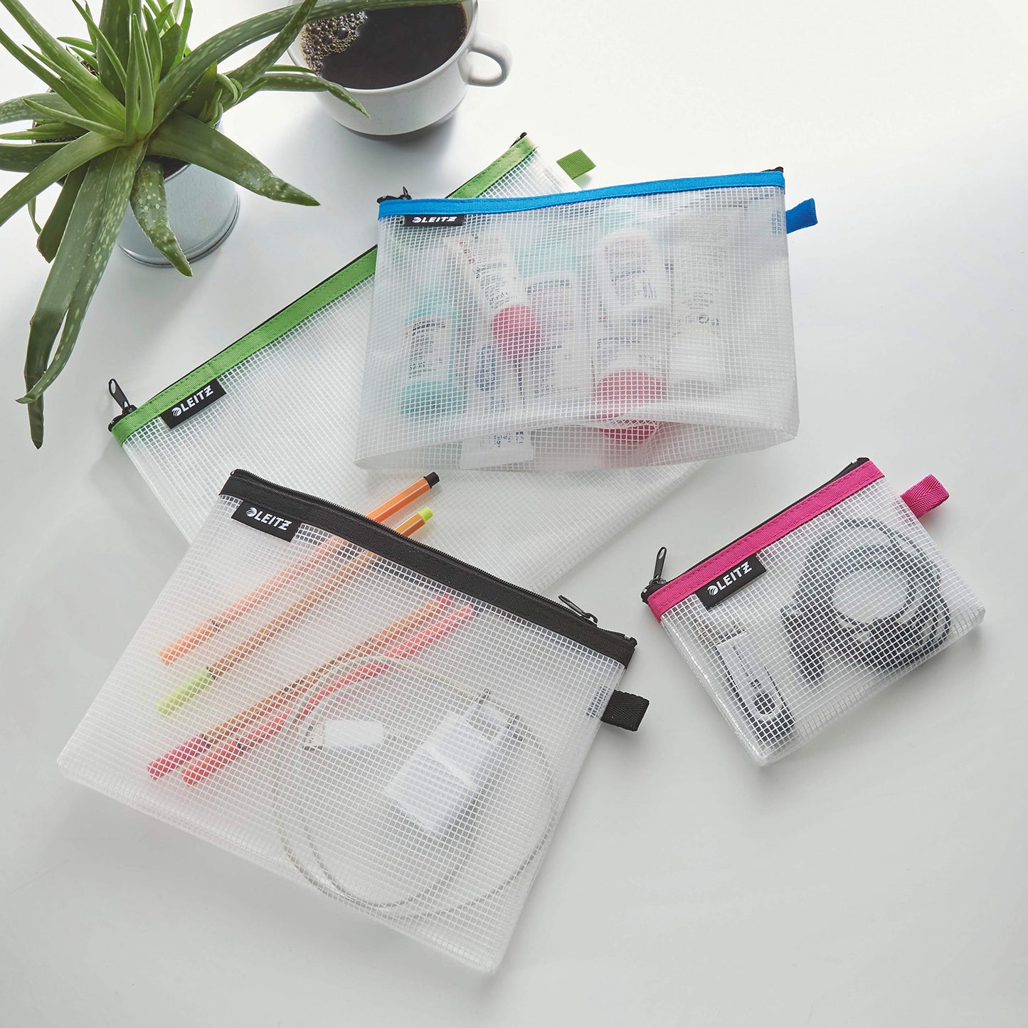 Leitz Set of 4 Leitz Wow Travel Pouches, Water Resistant, Translucent, Ideal for Visible Storage