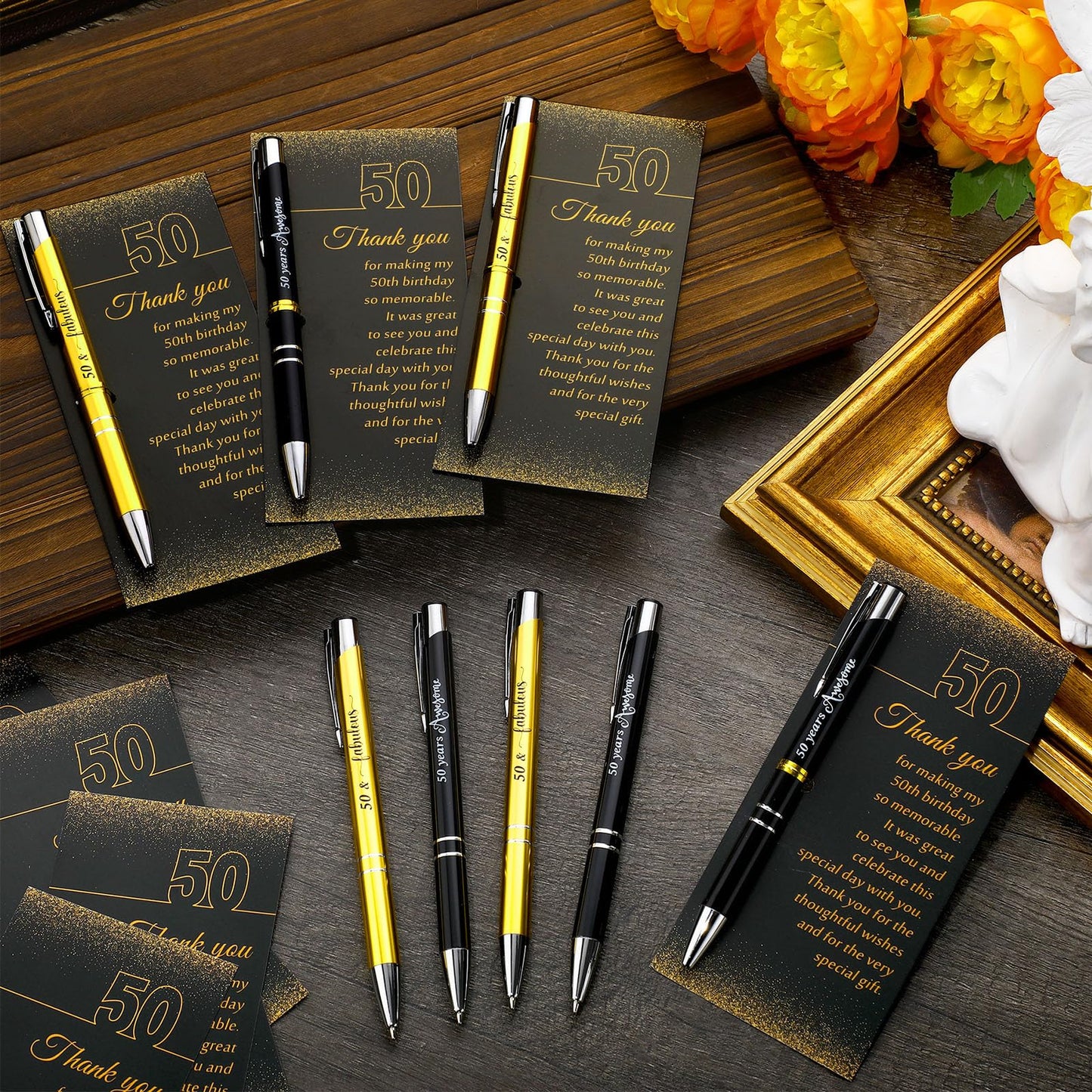 Feifeiya 50th Birthday Party Favors with Black Gold Pens Thank You Cards