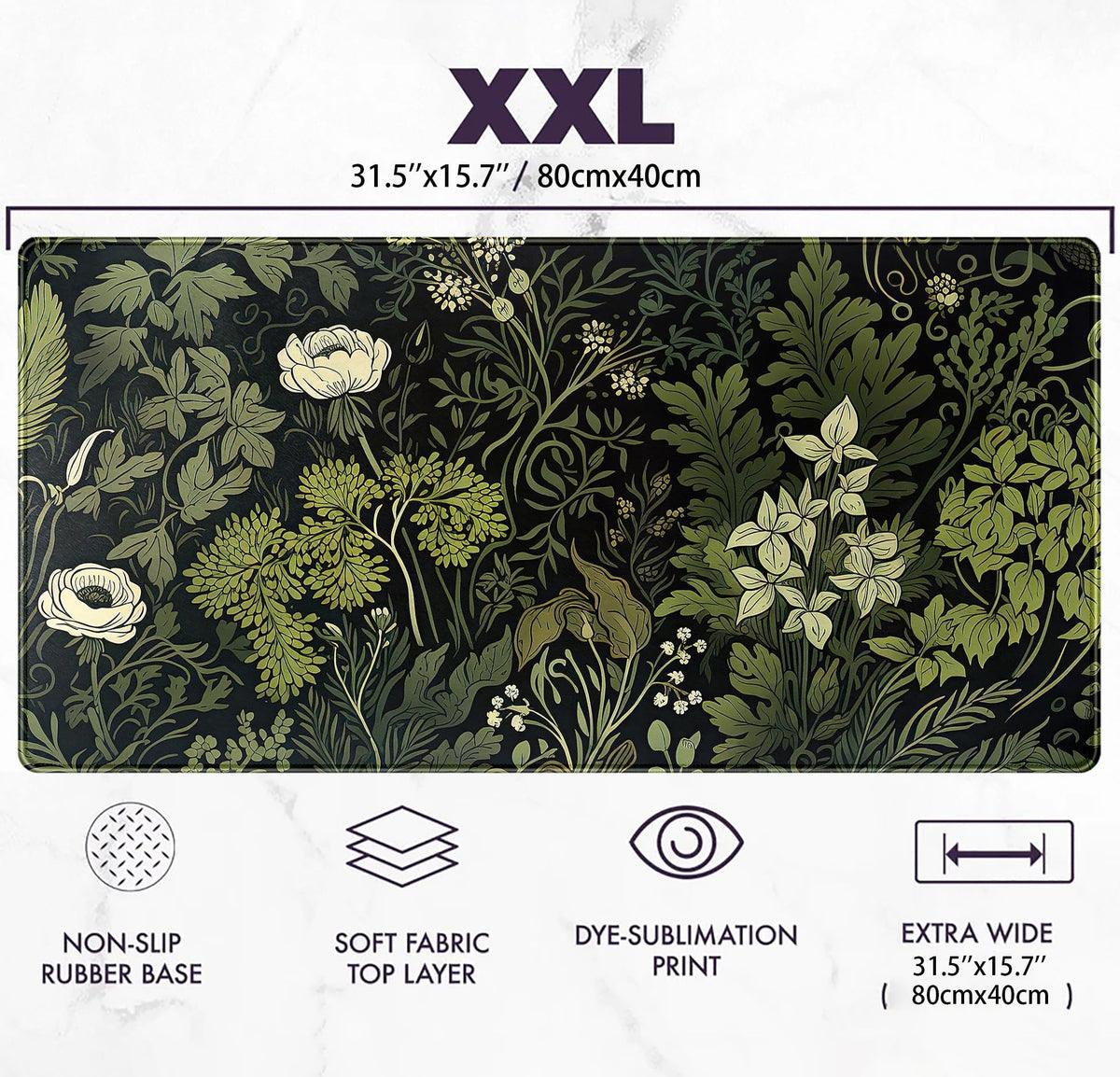 Green Leaves Beige Plants Pad, Large Extend Mouse Pad XXL, Freshness Foliage Keyboard Mat, Black