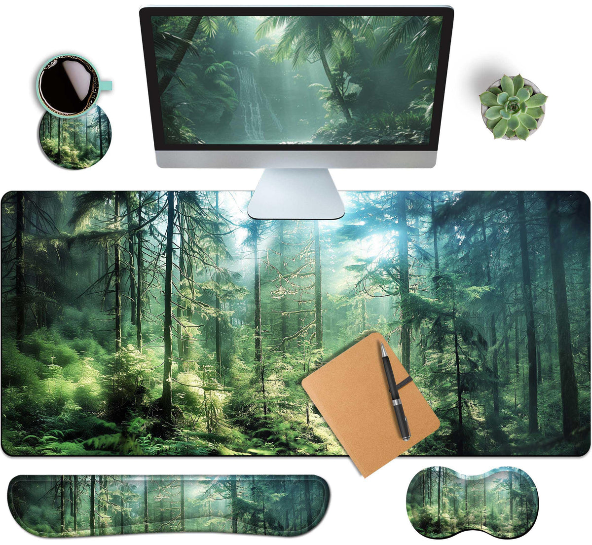 HaoSiTeck 4-Piece Extended Large Mouse Pad Set for Women Men with Green Forest Design Includes 35.4