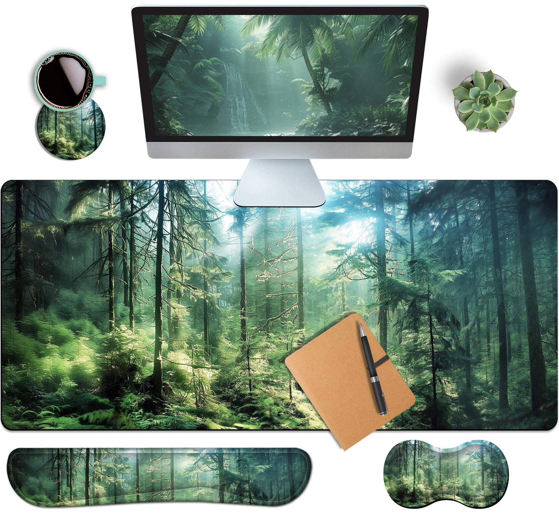 HaoSiTeck 4-Piece Extended Large Mouse Pad Set for Women Men with Green Forest Design Includes 35.4