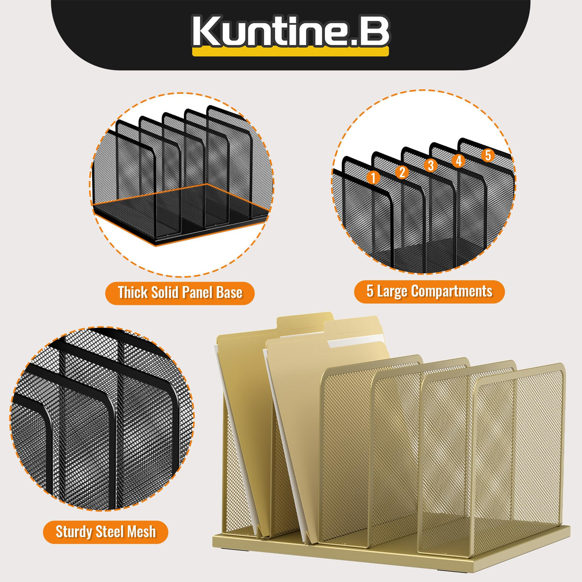 Kuntine.B 5-Section Upright Desk File Organizer Gold 1 Pack
