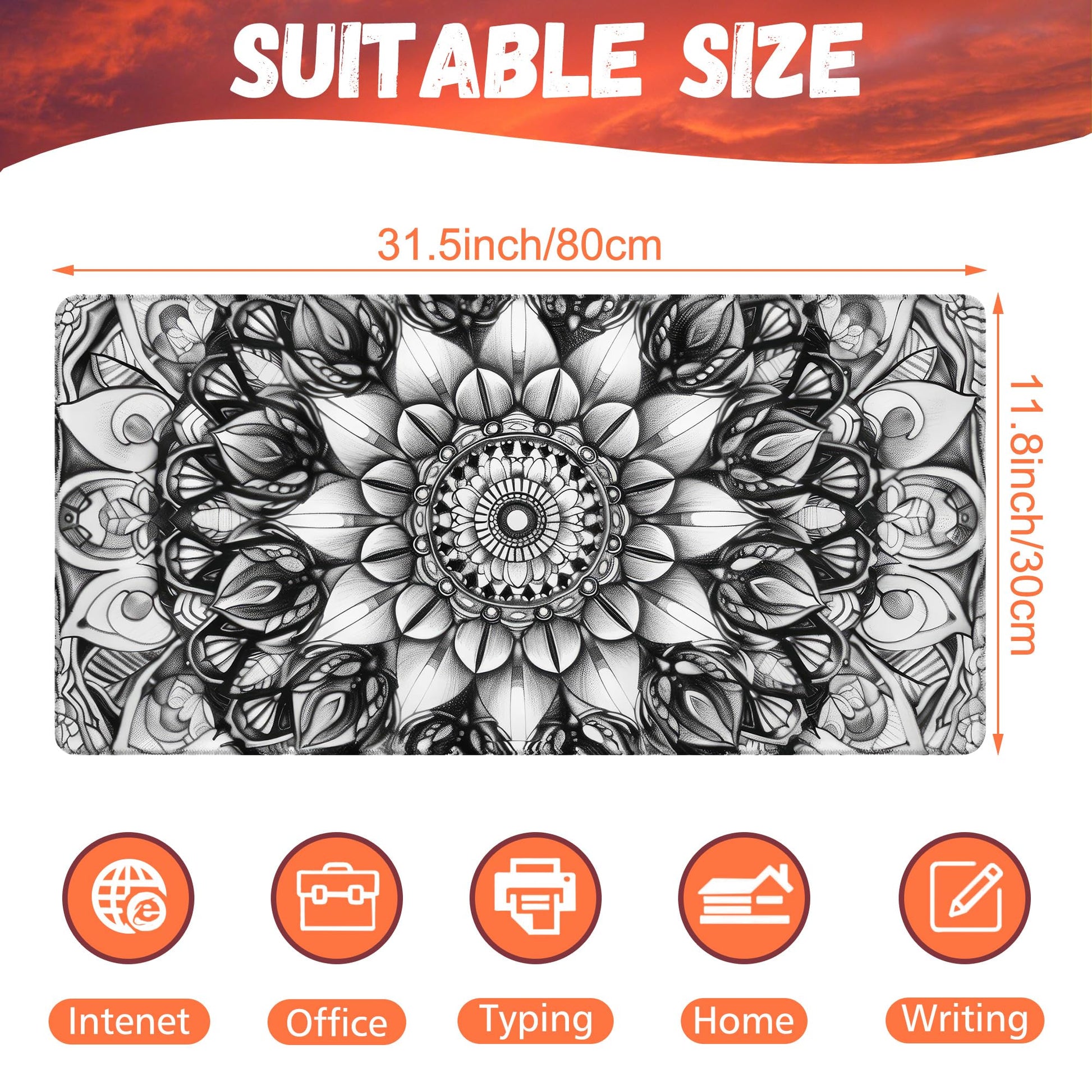 KOAIWPAE Large Gaming Mouse Pad for Desk, Black and White Mandala Desk Mat, Mandala Flower Desk