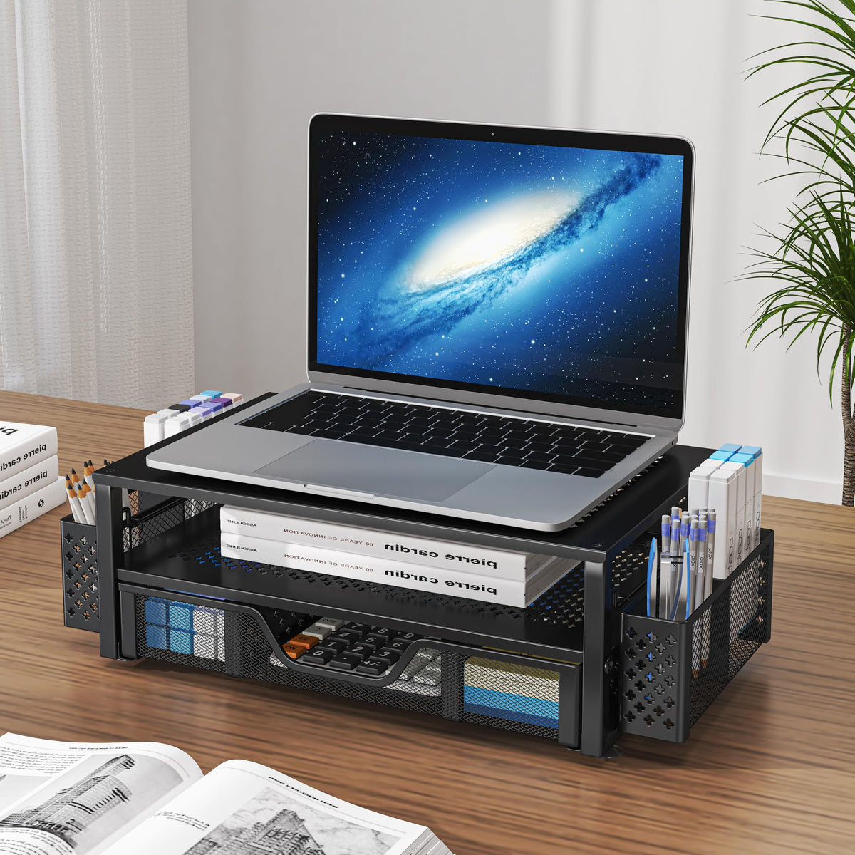Simple Trending Monitor Stand with Drawer, 2-Tier Laptop Stand, Black