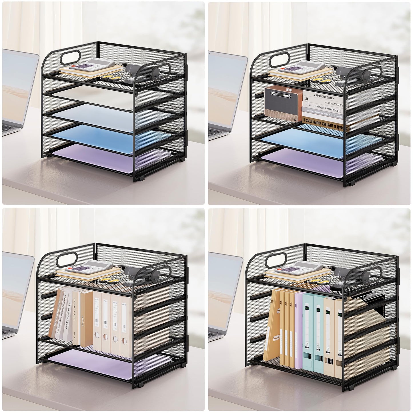 Kinkota Paper Organizer Letter Tray with Handle Mesh 5 Trays-Black 2 Pack