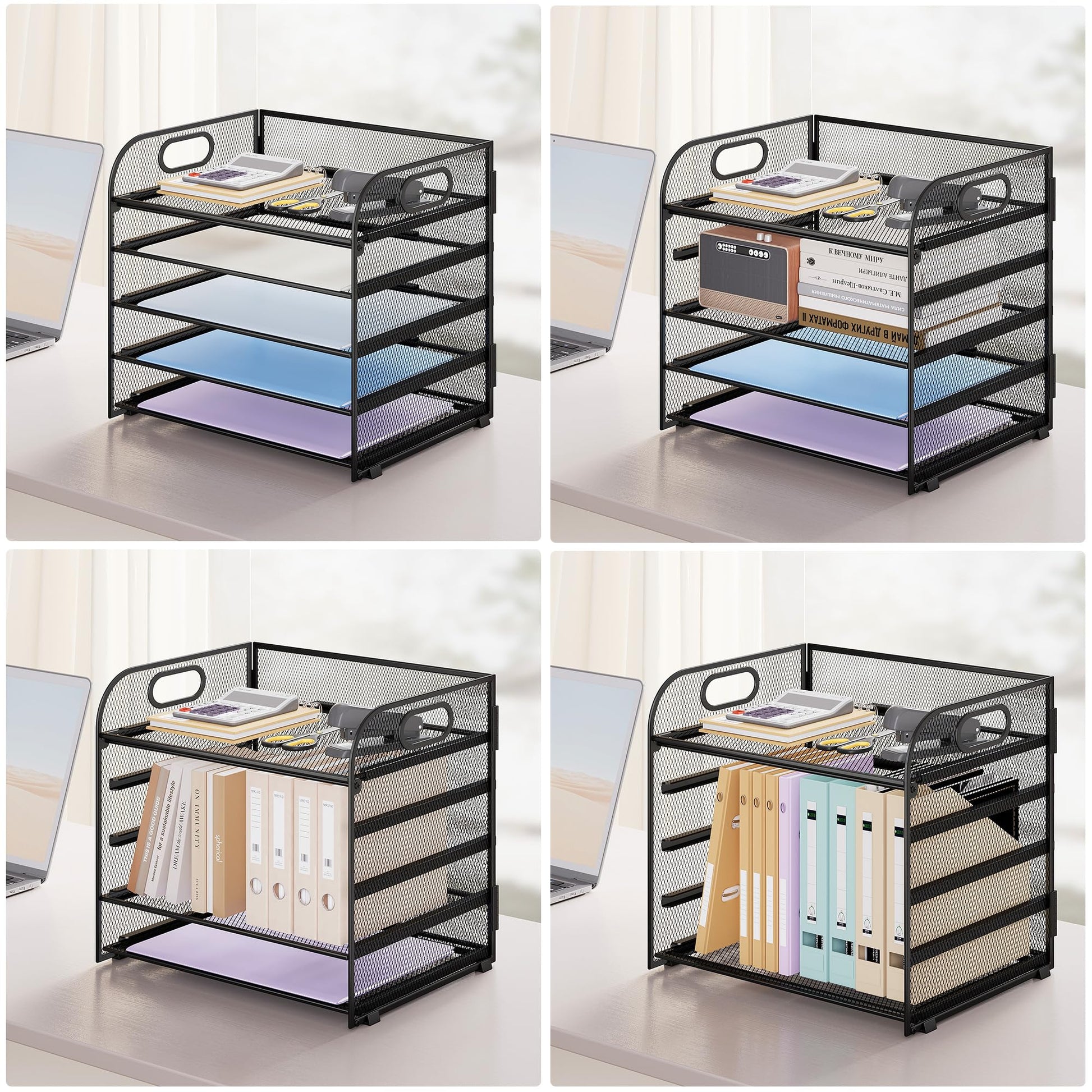 Kinkota Paper Organizer Letter Tray with Handle Mesh 5 Trays-Black 2 Pack
