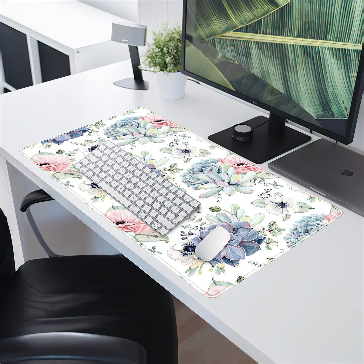Watercolor Succulents Desk Mat, Plants Succulent Roses Desk Pad Protector, Large Gaming Mouse Pad