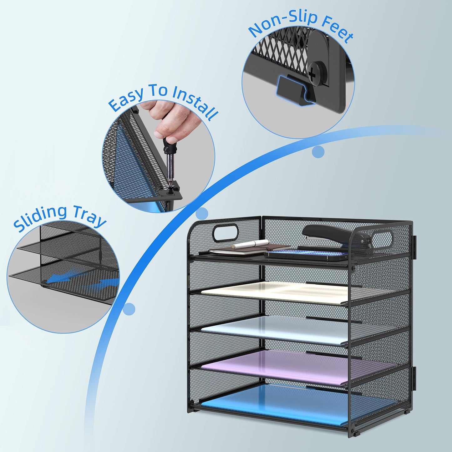 Supeasy 2 Pack 5-Tier Desk Organizer with Handle Mesh Desk File/Paper Organizer Letter Tray for