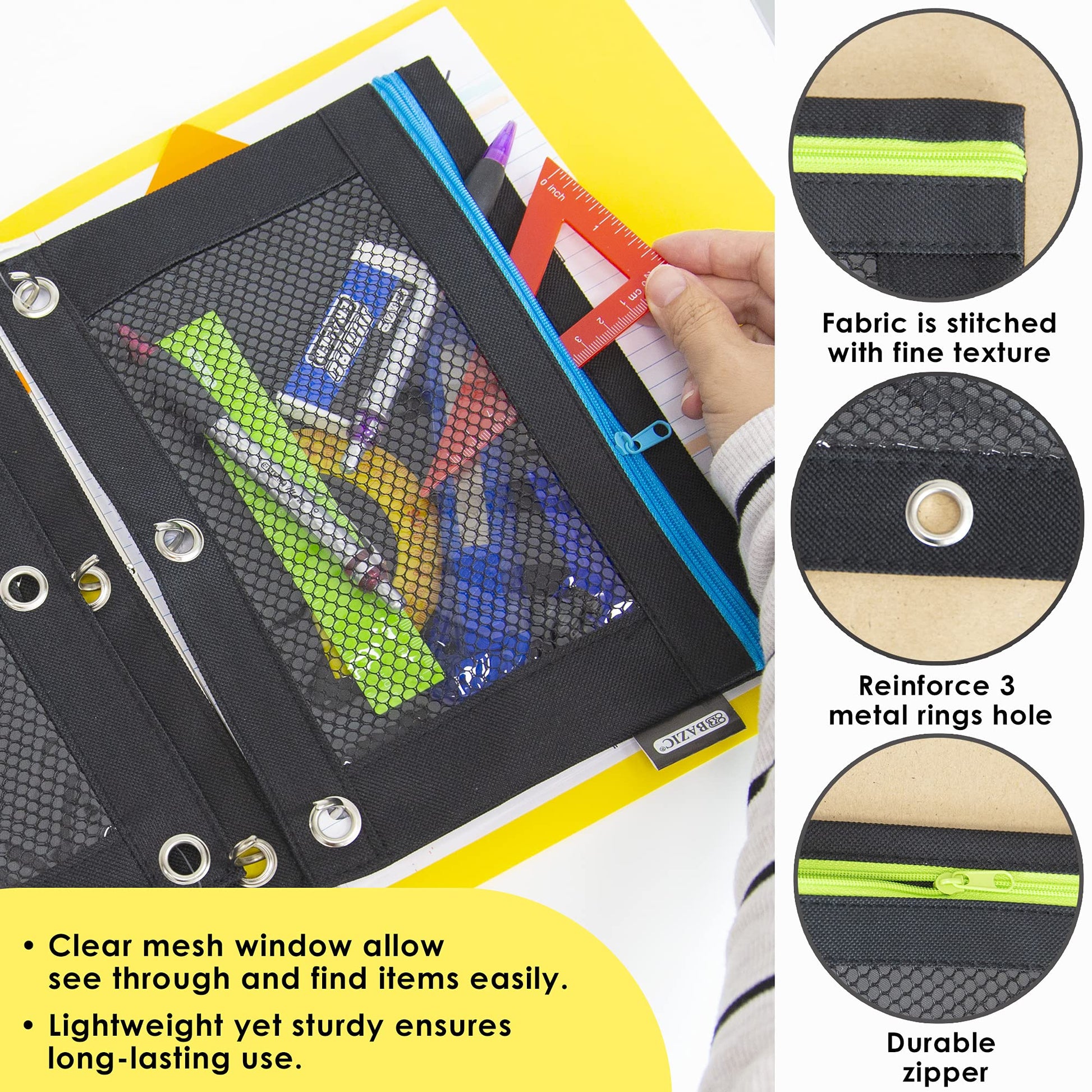BAZIC Products Noir Neon 3-Ring Pencil Pouch with Mesh Window, 6-Set