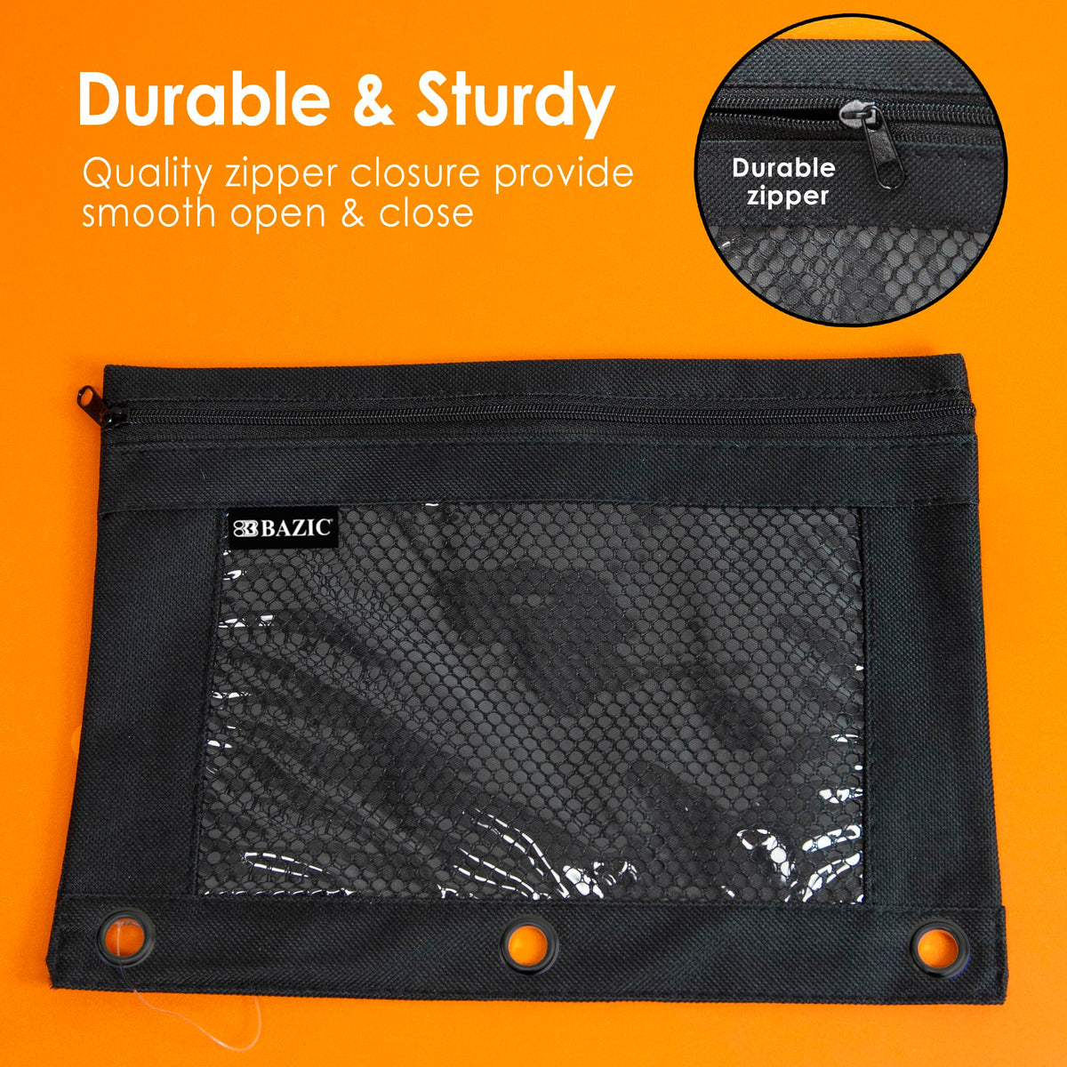 BAZIC PRODUCTS Black 3-Ring Pencil Pouch with Mesh Window, 24-Box