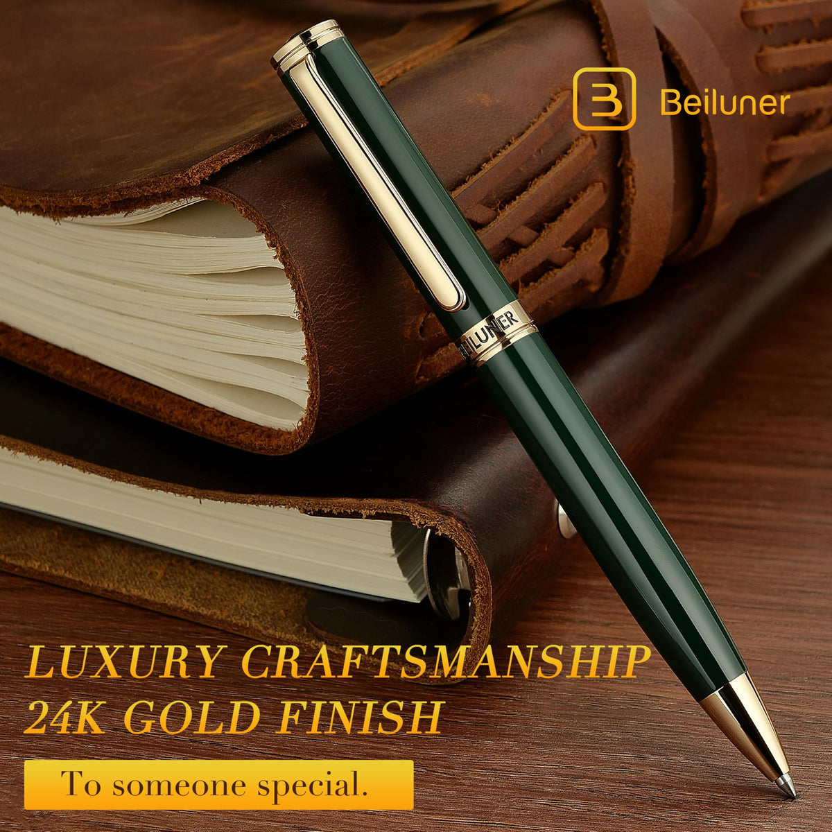 BEILUNER Luxury Gel Pen with 24K Gold Finish, Green Piano Lacquer, Luxury Grade Craftsmanship