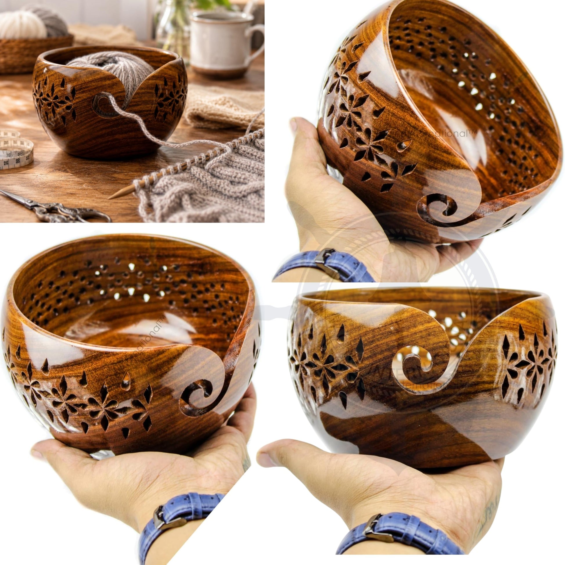 Nagina International Rosewood Crafted Wooden Yarn Storage Bowl With Carved Holes & Drills |
