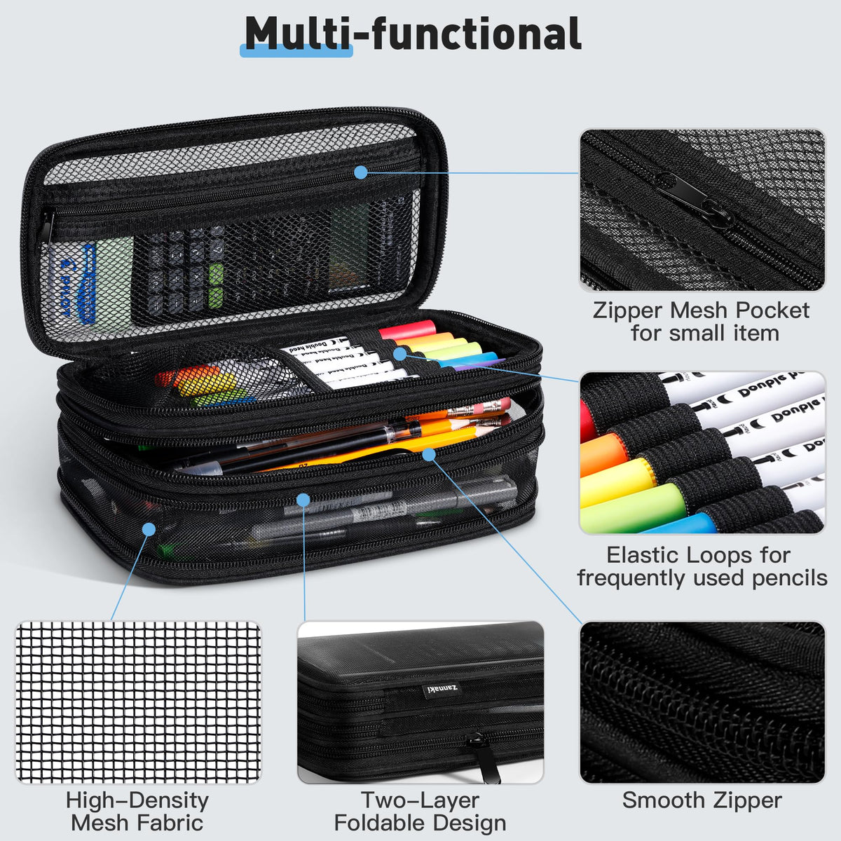Zannaki Mesh Large Pencil Case,Expandable Pencil Bag with Large Compartments,Big Capacity Pencil