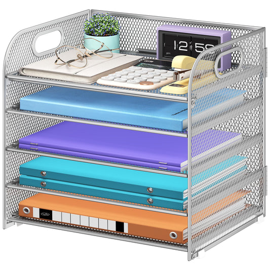 Cawukege 5 Tier Paper Organizer with Handle, Silver Metal Mesh Desk Organizer File Folder Paper