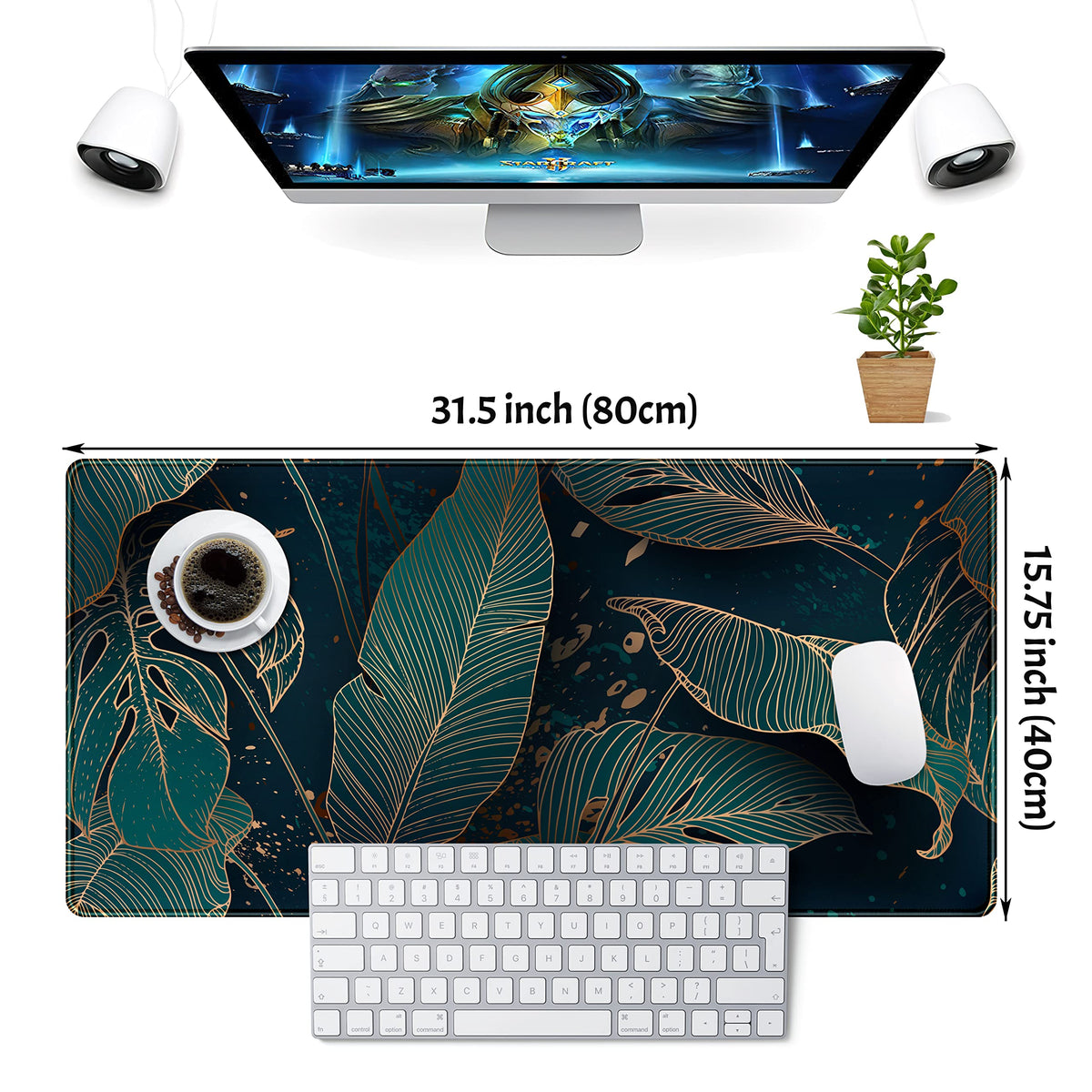 Desk Pad, Green Gold Palm Leaves Extended Gaming Mouse Pad Cute Large Desk Mat, Non-Slip Rubber