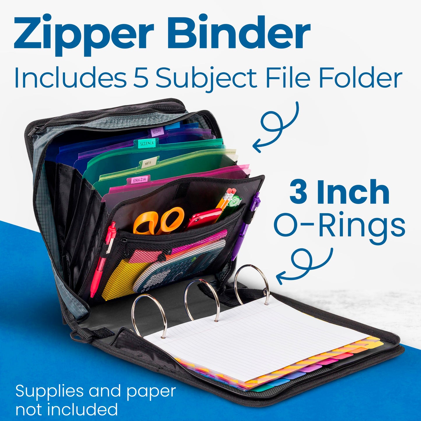 Case-it School Zipper Binder | 3-Inch O-Rings | 600-Sheet | D-146 Jet Black