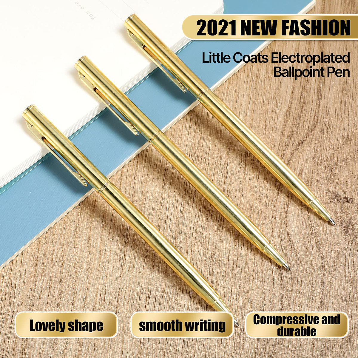 26 Pcs Gold Slim Ballpoint Pens Bulk, 1.0mm Medium Point Black Ink, Metallic Retractable Smooth
