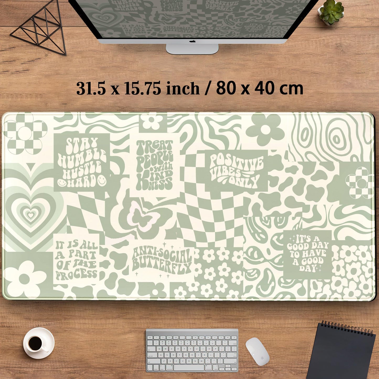 DCJJM Boho Aesthetic Desk Mat Beige Retro Hippie Boho XXL Large Extended Gaming Green Sage Mouse