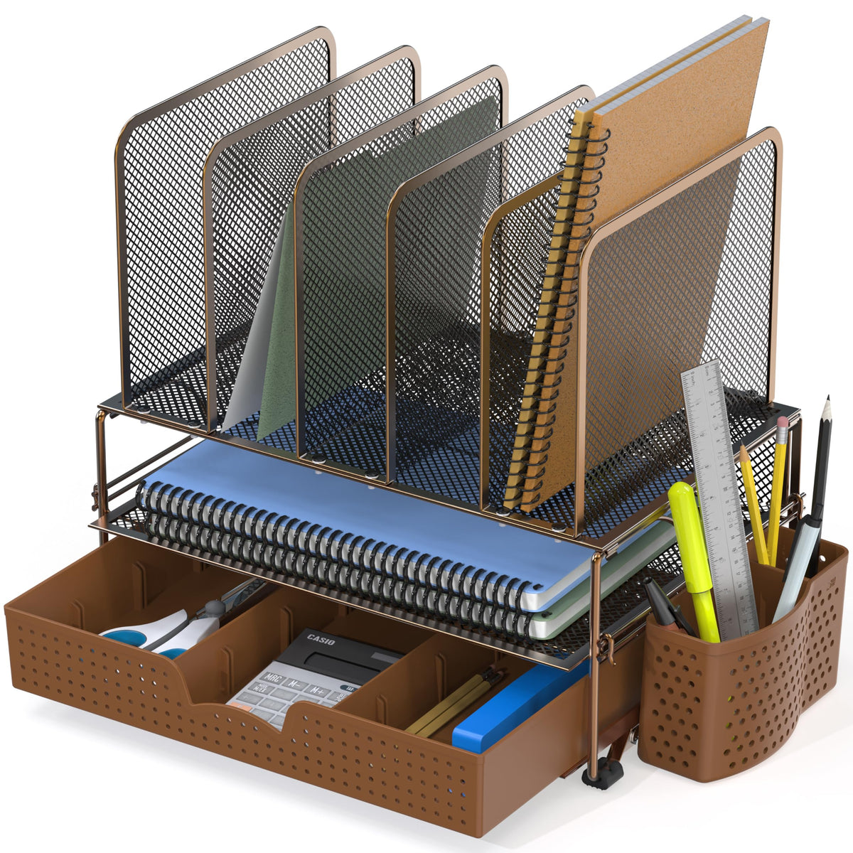 Simple Houseware Desk File Organizer for Office Supplies w/Drawer, Copper
