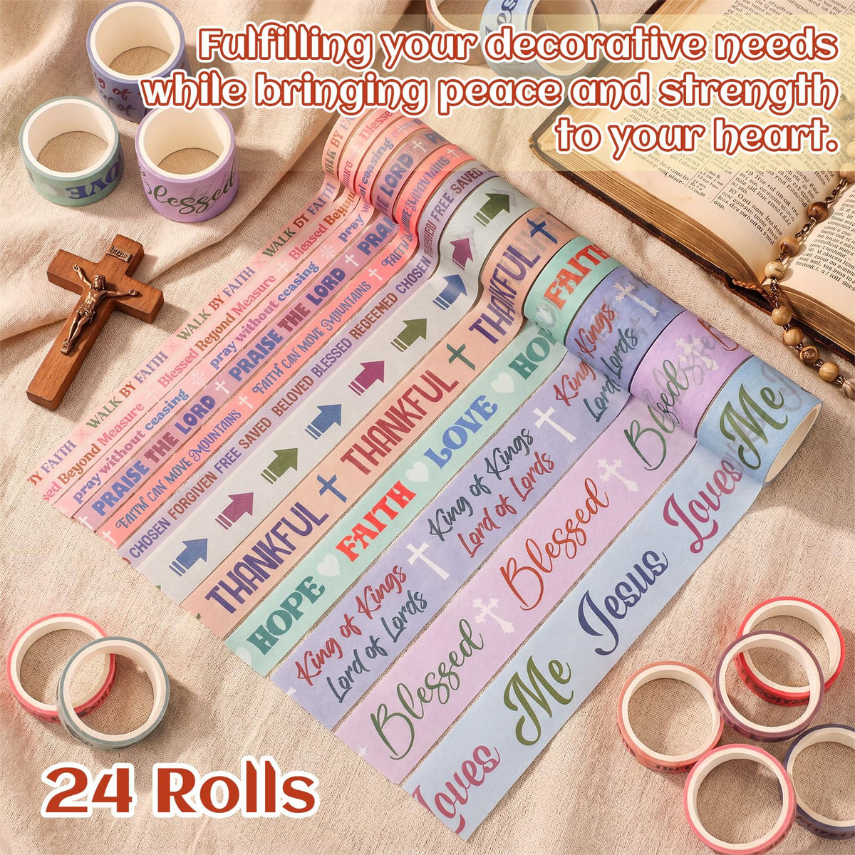 Janlaugh 24 Rolls Christian Washi Tape Gifts, Pastel Religious, Multi-Size