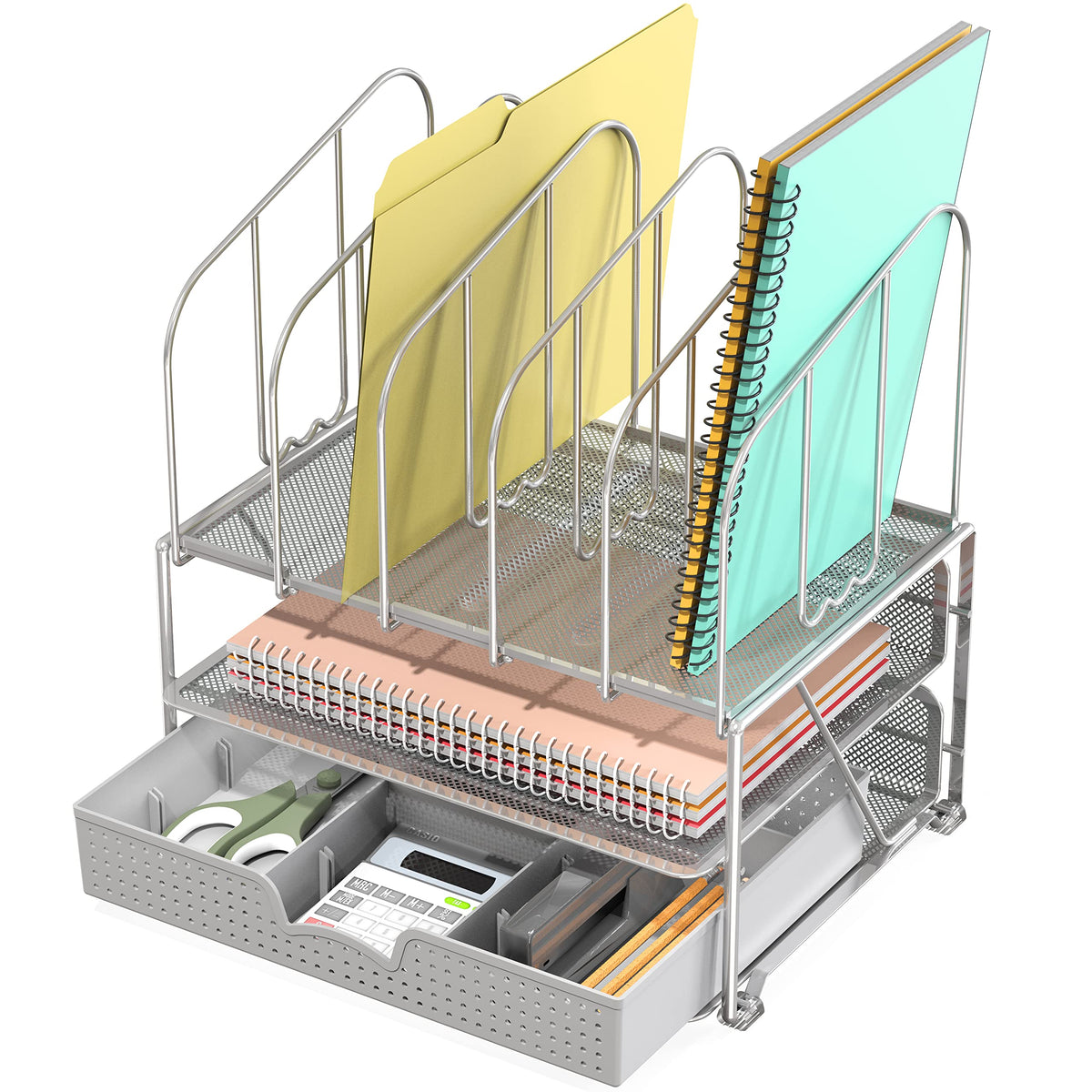 Deco Brothers Mesh Desk Organizer with Double Tray, 5 Upright Section, Gray