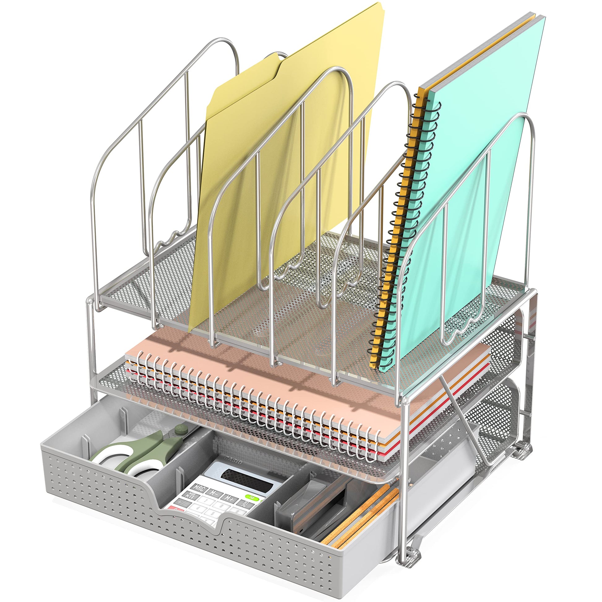 Deco Brothers Mesh Desk Organizer with Double Tray, 5 Upright Section, Gray