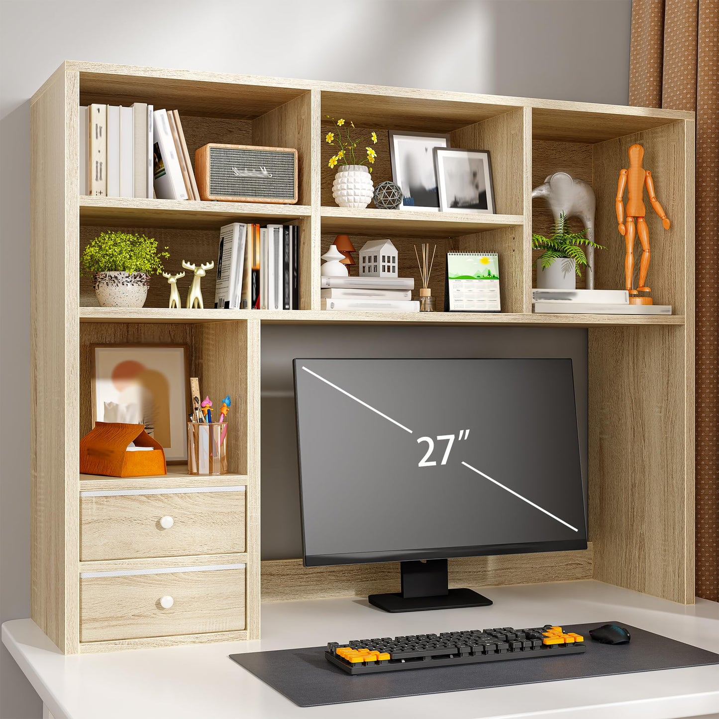 REIBII Desktop Bookshelf, 8 Shelves Desk Hutch for Dorm Room, Natural