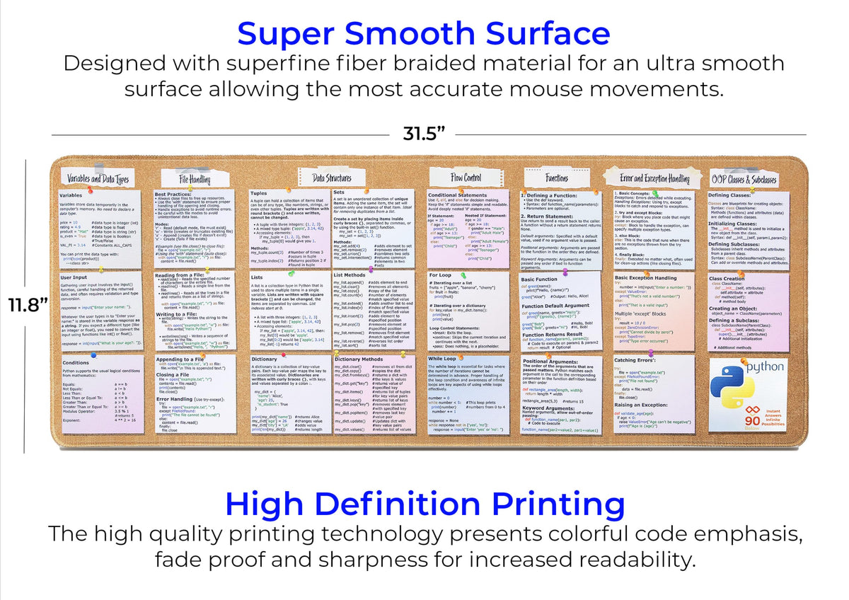 Python Programming Cheat Sheet Desk Mat - Large Mouse Pad with Complete Code Reference (31.5" x