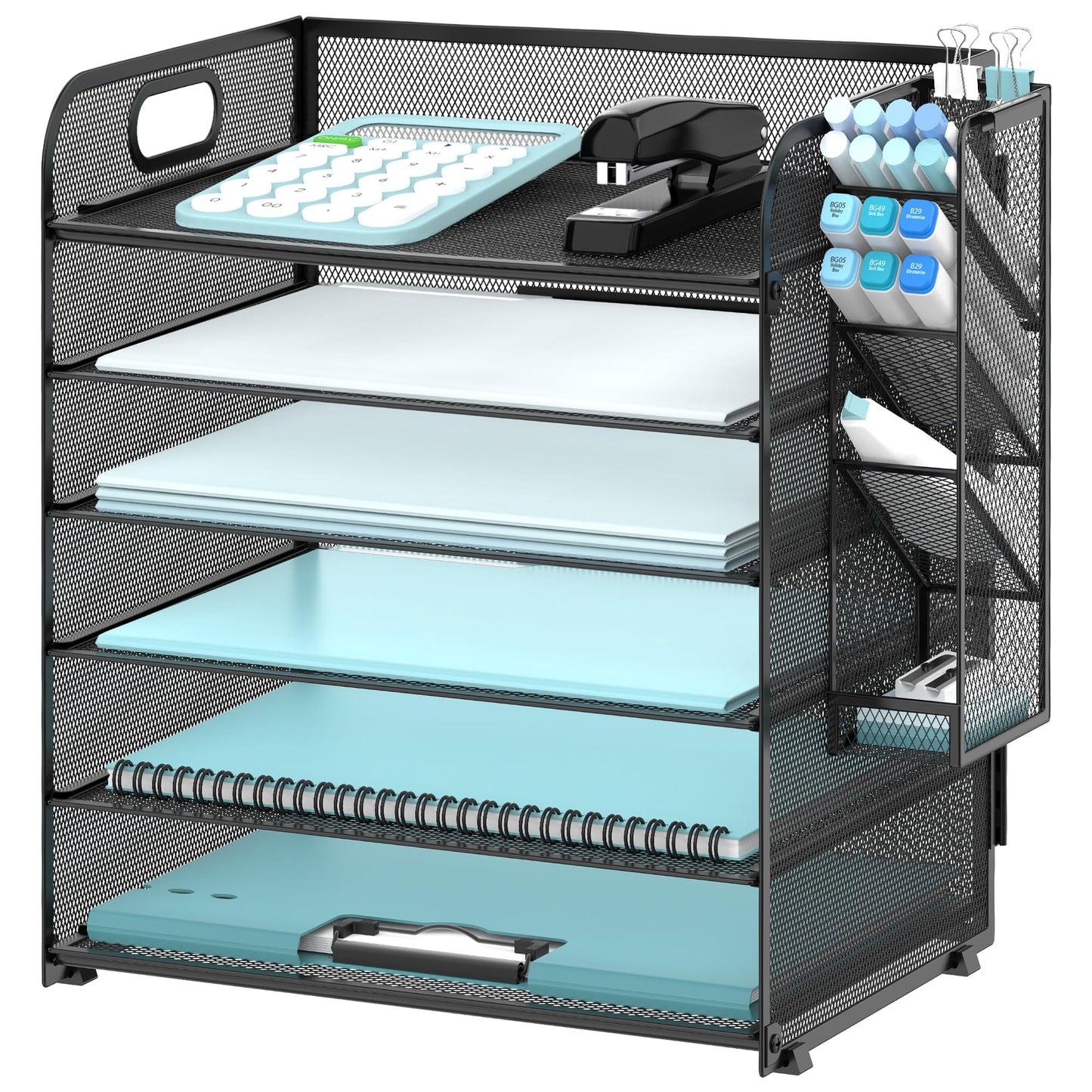 Supeasy 6 Tier Desk Organizer with 4 Pen Holders and Mesh Paper Trays Black
