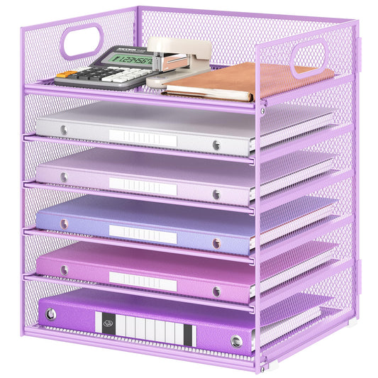 6 Tiers Letter Tray Paper Organizer with Handle, Mesh Desk File Organizer, Metal Desktop Document