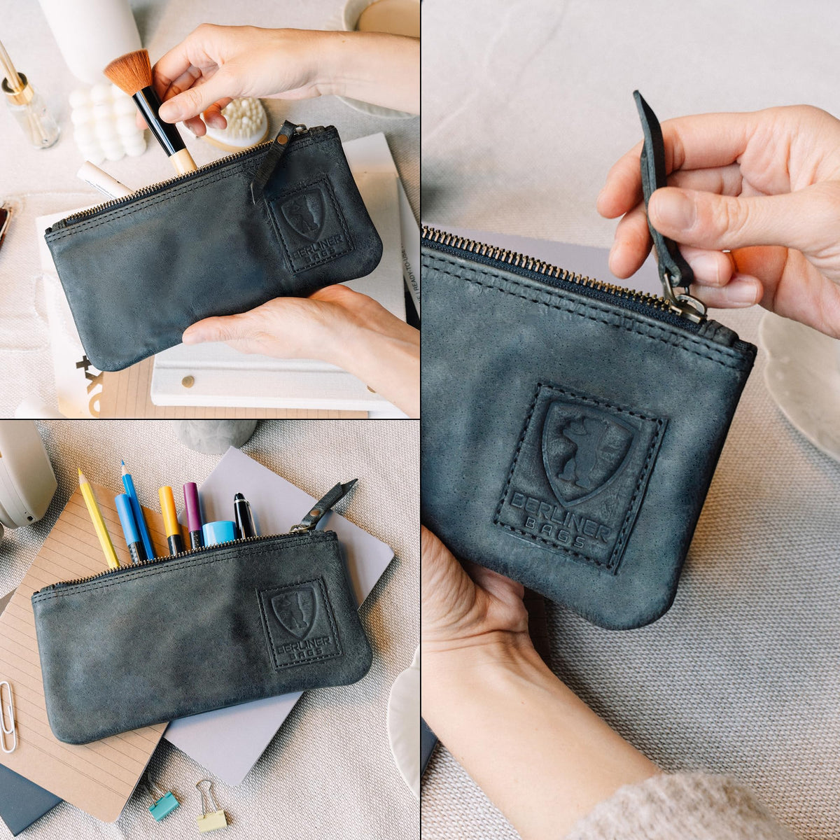 BERLINER BAGS Genuine Leather Pencil Case, Vintage Pen Pouch - Dark Grey