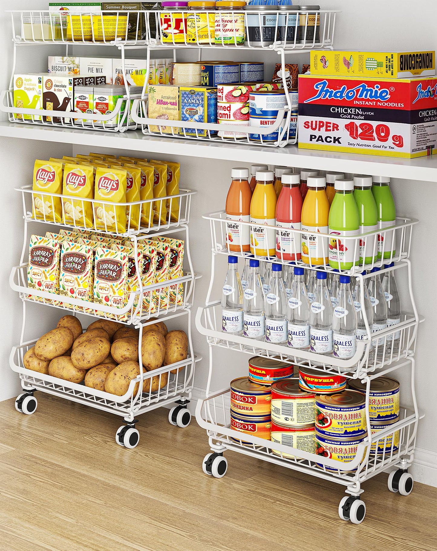 OKZEST 3-Tier Rolling Pantry Floor Organizers and Storage Cart with Wheels